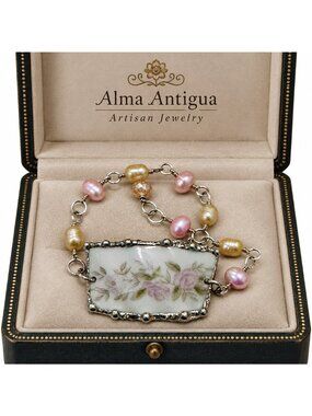 Floral Broken China Bracelet with Freshwater Pearls